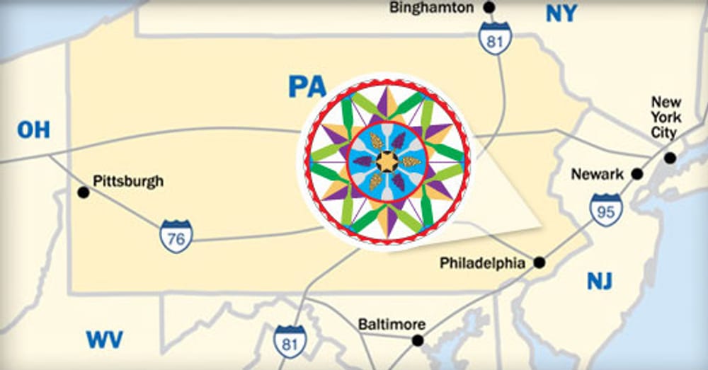 Map of the Berks County Wine Trail's location in southeastern Pennsylvania, relative to Philadelphia, New York City, Pittsburgh, and Baltimore
